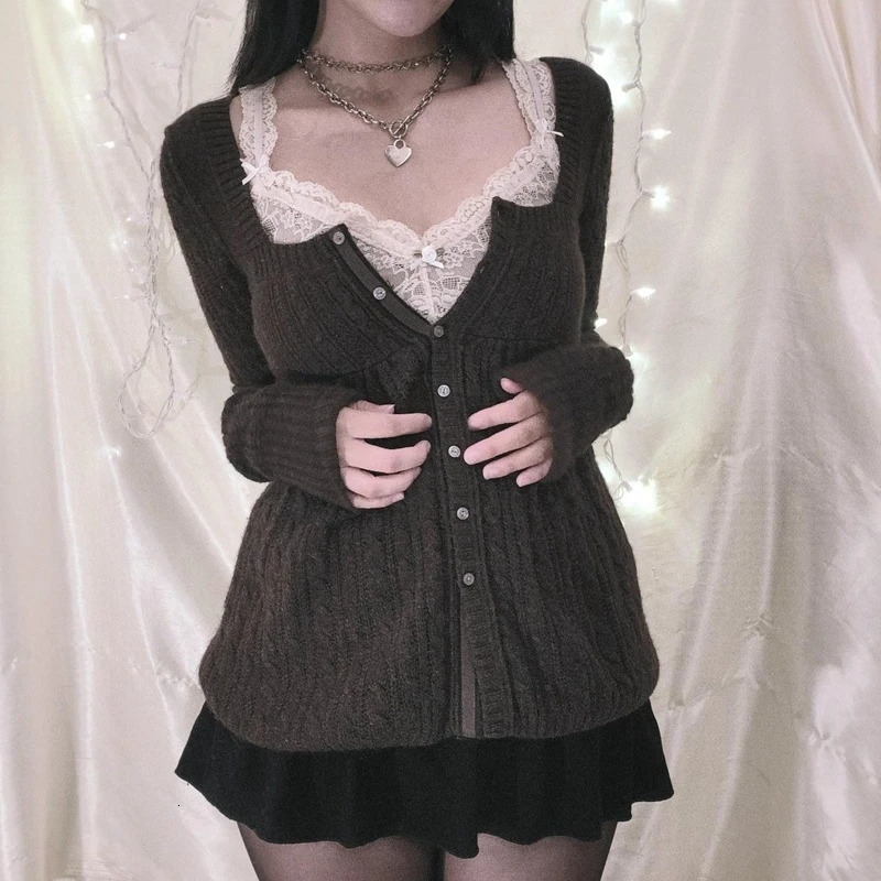 00s Aesthetic Kawaii Knitwear Tshirt Women Clothes Coquette Grunge Y2K Vintage Sweater Single Breasted Long Sleeve Cardigan 241031