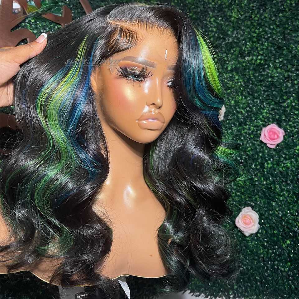 Blue Green Highlight black 13x4 Glueless Body Wave Colored Human Hair Wigs Pre Plucked HD Synthetic Lace Frontal Wigs For Black Women Uufag