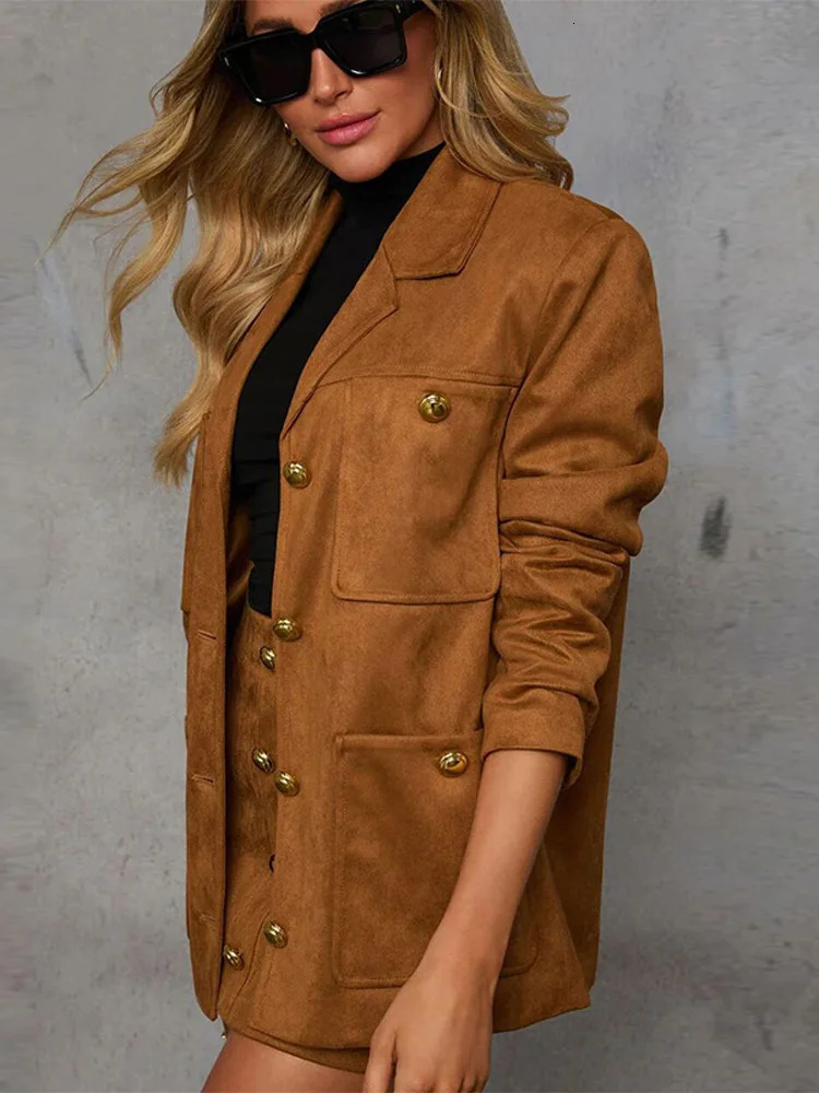 Elegant brown suede for women fashionable lapel long sleeved jacket with pockets mini ski suit autumn womens high street wear 241031