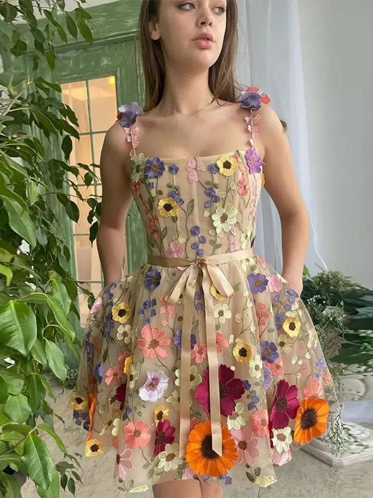 3D Flower Tulle Square Neck Mini Sling Dress Female Backless A-line Gown Short Vestidos Women Chic Evening Cocktail Party Robes 240321