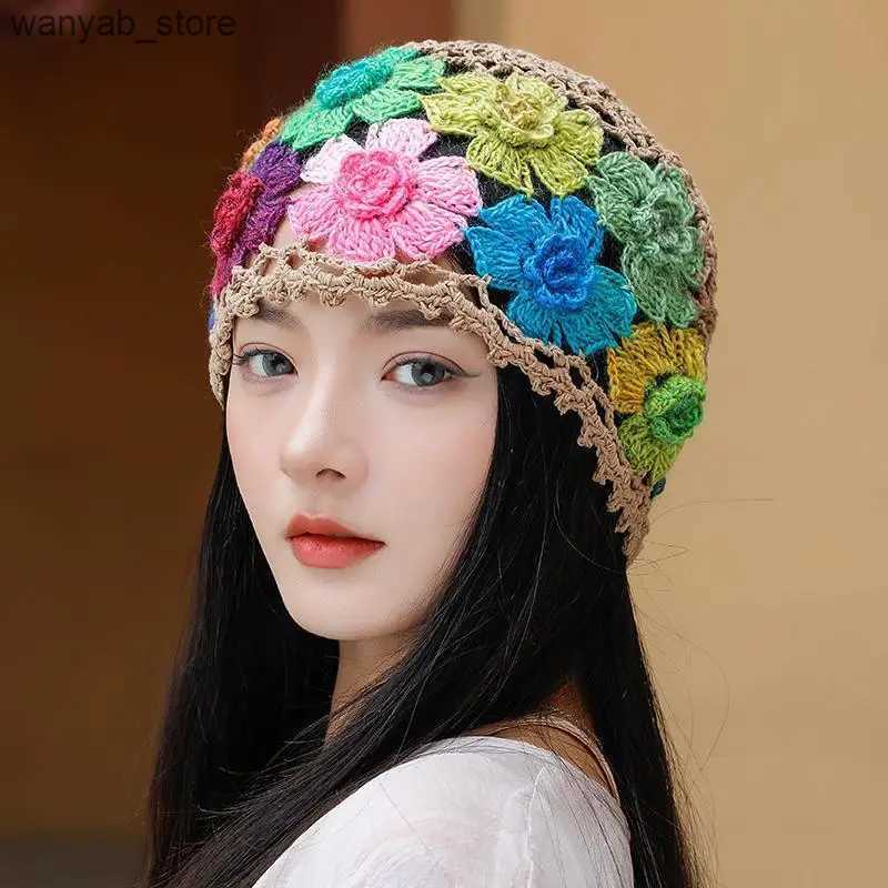 Wide Brim Hats Bucket Hats Japanese Spring Summer Literary and Artistic Colorful Flower Hollow Bag Head Hat Women Sweet Fashion Hand-crocheted Beanie 