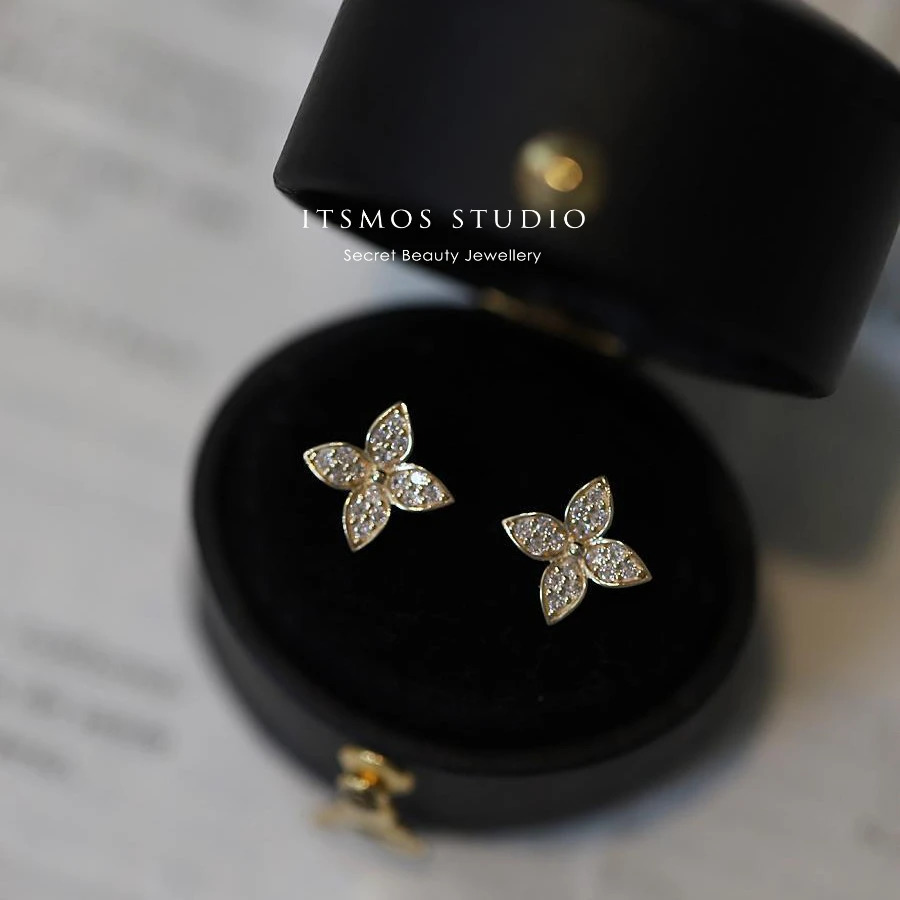 ITSMOS 925 Sterling Silver Plated 14K Gold Pave Earrings Small Piercing Studs Diamond Jewelry Flower for Women 241031