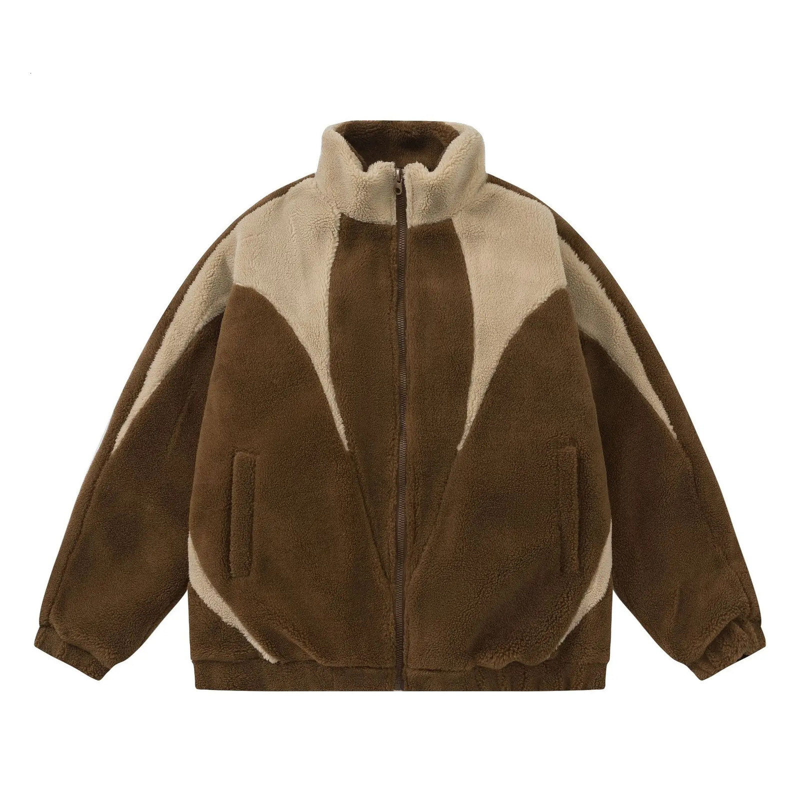 Winter Plush Jacket Parkas Mens Vintage Color Block Fuzzy Fluffy Plush Fleece Lambswool Coats Thicken Warm Padded Jackets 241031