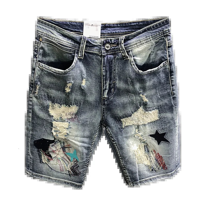 Bermuda Denim Shorts Mens Summer Fashion Embroidery Patch Ripped Holeknee High Youth Streetwear Retro Short Jeans Male 240327