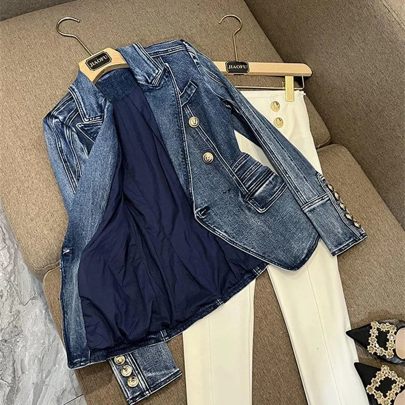 Chic Women Double Breasted Slim Waist Demin Blazers Coat Spring Cowboy Cardigan OL Turn-down Collar Jeans Jacket Outwear Tops 240321