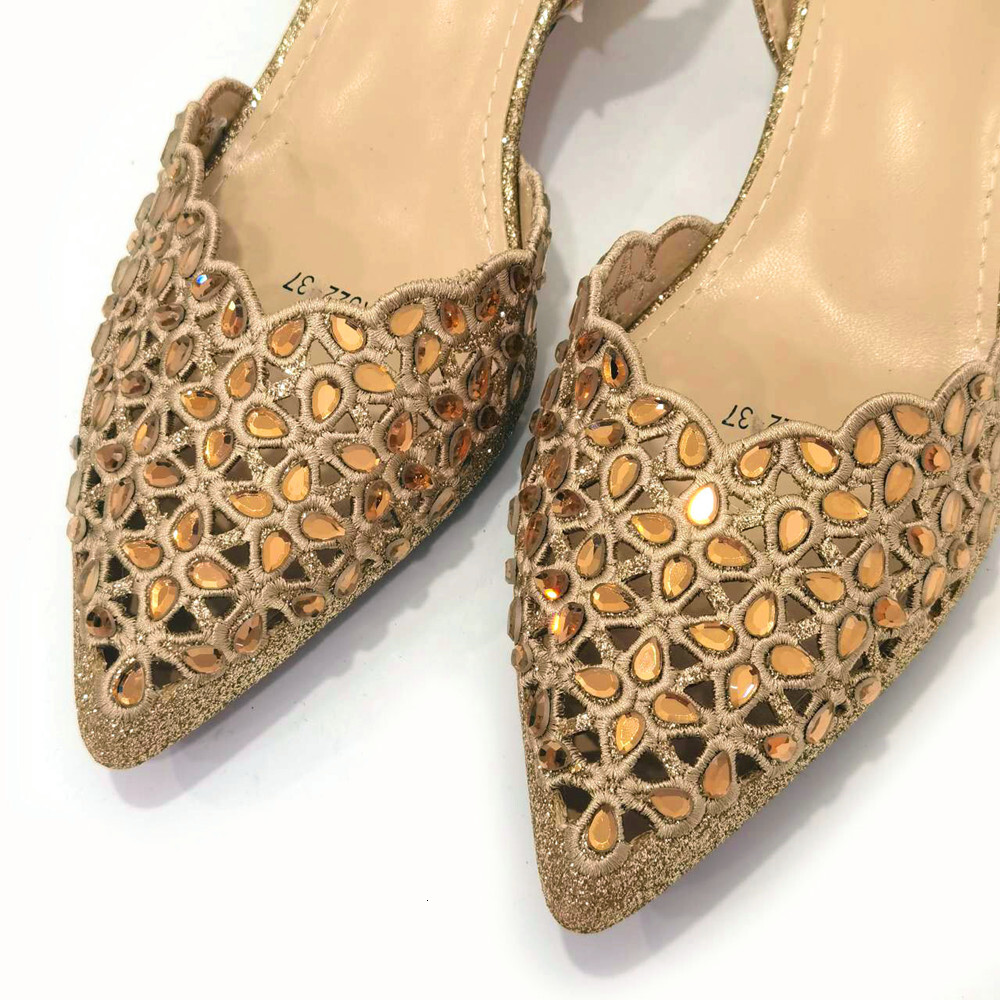 Venus Chan Low Heel For Women Hollowed Out Embroidery Rhie Italian Design Gold Color Pointed-Toe Shoes And Bags Set 241110