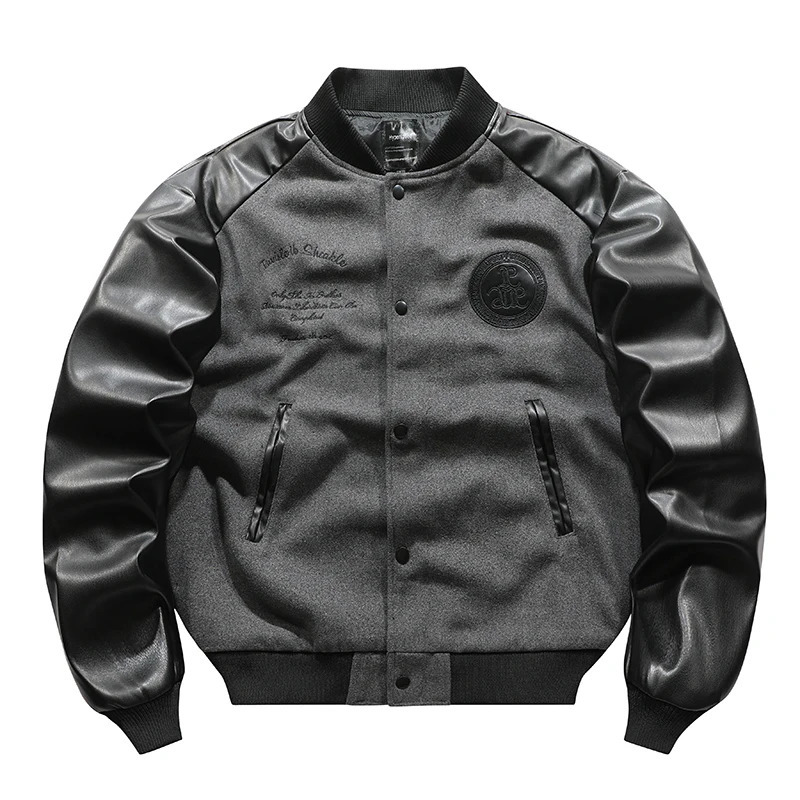 Mens embroidery patch work wool bomber jacket retro leather pilot jacket casual loose Pu baseball jacket men 241031 - view 4