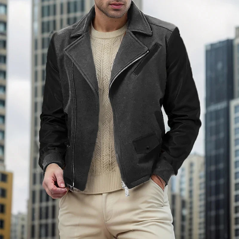 Autumn Winter Mens Casual Sports Loose Stand Collar PU Leather Color block Jacket Streetwear Fashion Zipup Lapel Jackets 241031