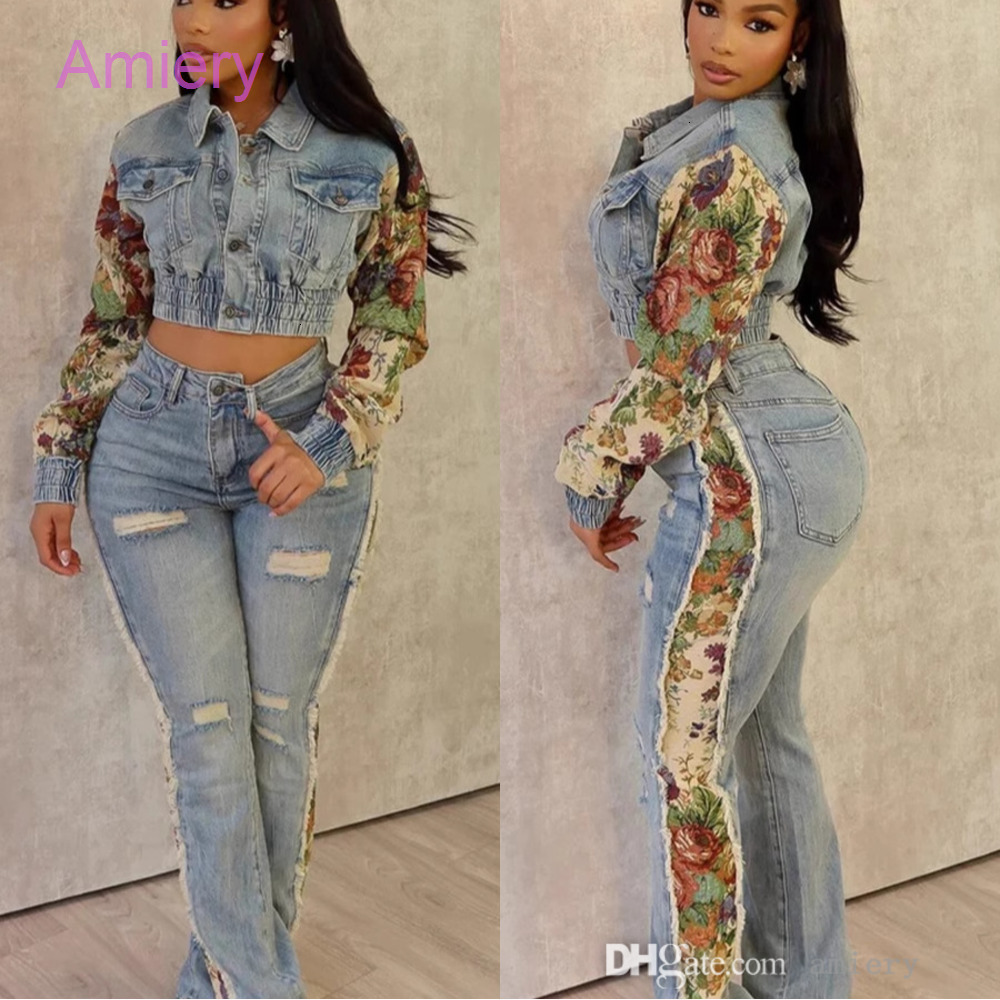Denim Floral Ptinted Patchwork Two Piece Set Women 2024 Fall Winter INS Tracksuit Full Sleeve Jacket And Ripped Jeans Pants Casual Suit 2PCS Sets For 