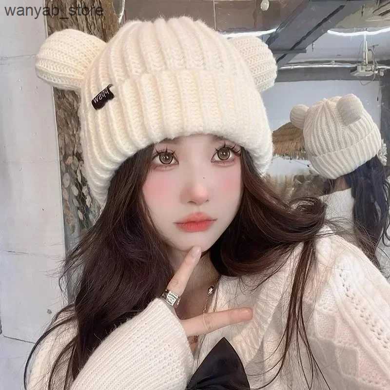 Wide Brim Hats Bucket Hats Korean Version Cute Teddy Bear Ear Knitted Hat Womens Autumn/winter Warmth Ear Protection Defense Cold Prevention Knitted H