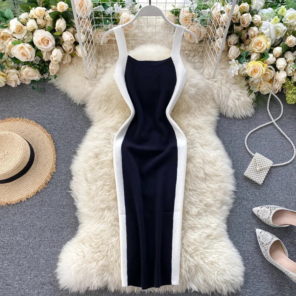 Summer Womens Knitting Sheath Letters Tank Dress Female Bodycon Knitted Camisole Sleeveless Patchwork Mini Dresses For Woman 241031