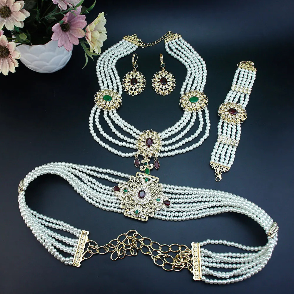 Neovisson Moroccan Fashion Style Jewelry Set Gold Pearl Caftan Beaded Necklace Crystal Earrings Bracelet Bridal Gift 241031