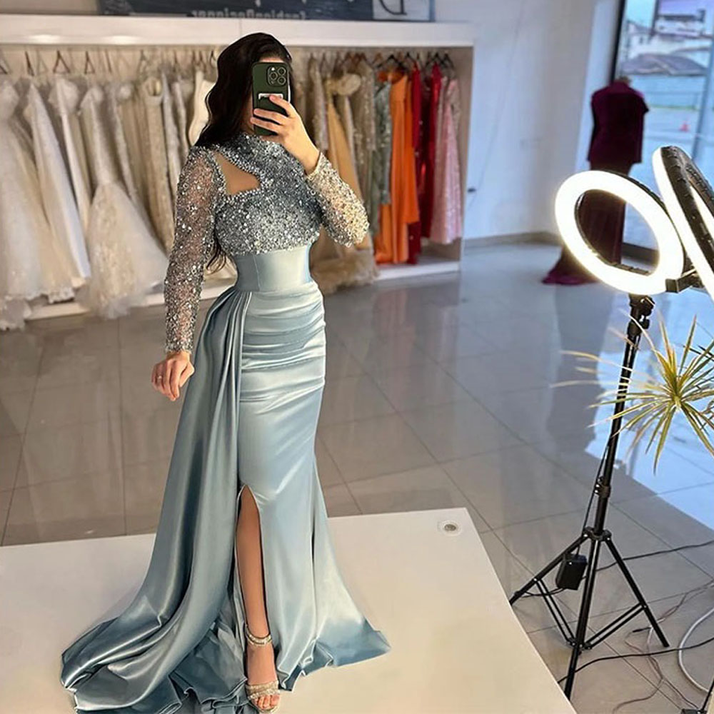 Elegant Women's Evening Dresses Long sleeved High Necked Mermaid Muslim Princess Prom Gowns Arabic Dubai Formal Dress 0516