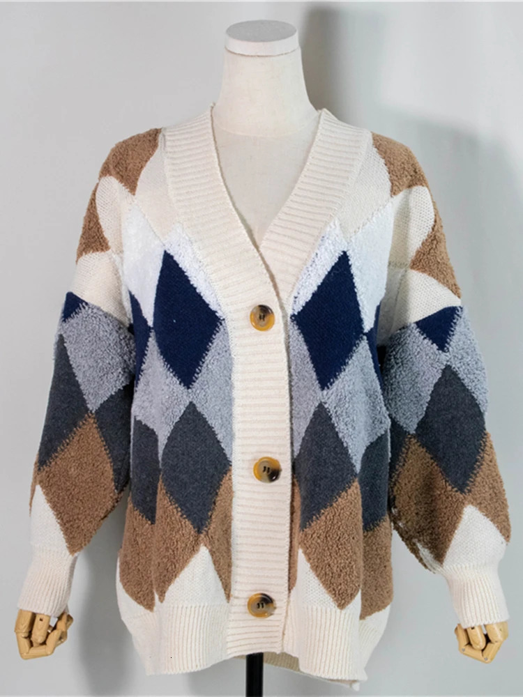 Colorfaith Plaid Chic Cardigans Button Puff Sleeve Checkered Oversized Womens Sweaters Winter Spring Sweater Tops SW658 241031