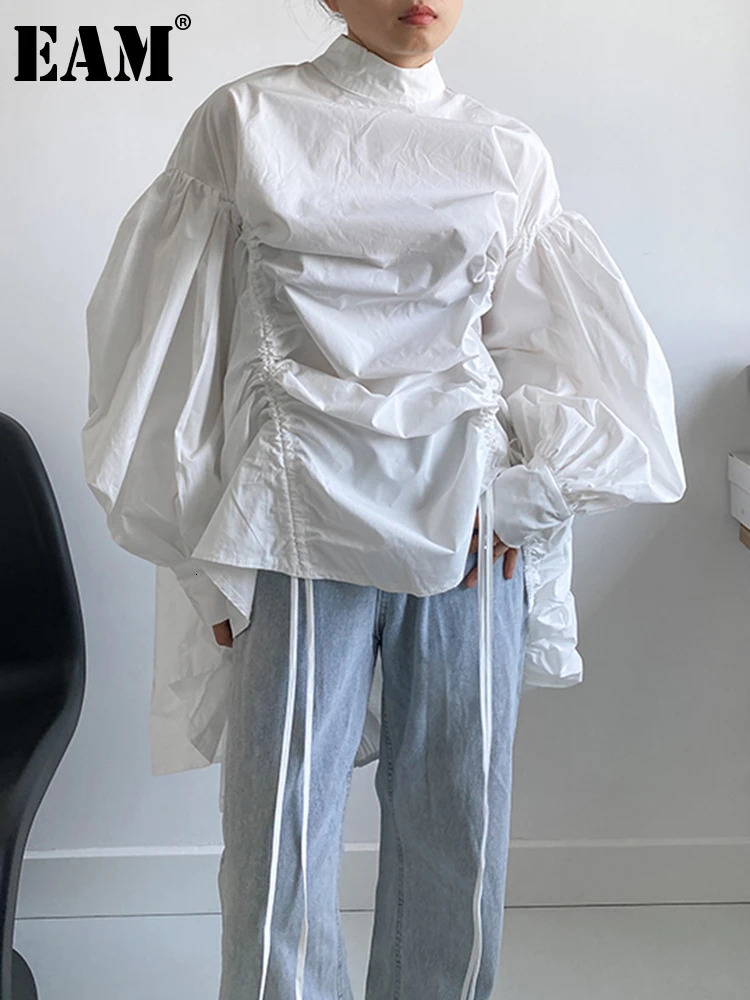 EAM Womens Irregular Brushed Large Size White Stand up Collar Long Sleeve Shirt Fashion Trend Spring and Autumn 1Z189 241031