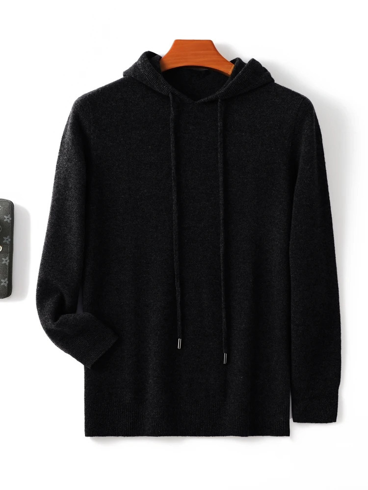 Spring Autumn Men Hooded Pullover Basic Style Cashmere Sweater 100% Merino Wool Knitted Solid Color Warm Casual Knitwear Tops 241031