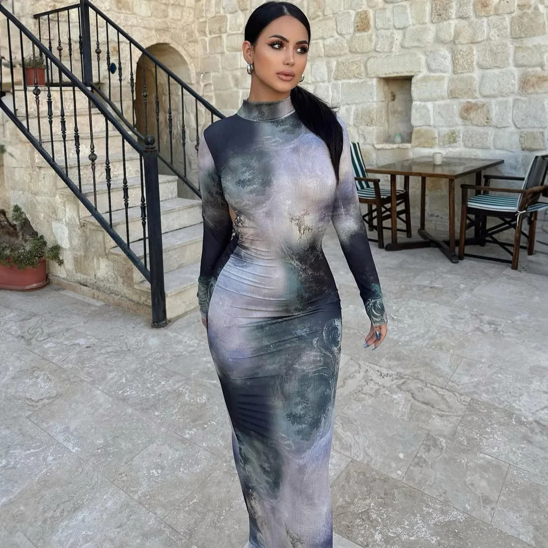 Summer Womens High Neck Long Sleeved Backless Sexy Slim Fit Long Skirt Printed Dress 241031