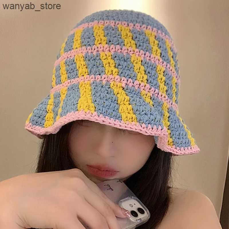 Wide Brim Hats Bucket Hats Handmade Stripe Crochet Knitted Bucket Hat Thermal Tub Hat Vintage Cold Cap Spring Autumn Wool Basin Hat Y2K L240910