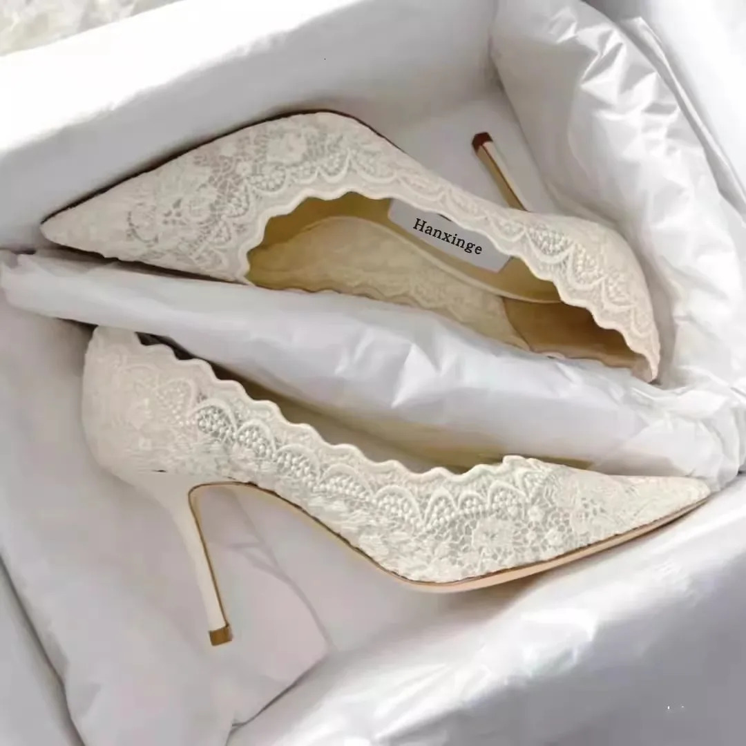 White Embroidered Lace Pumps for Women Summer Breathable Wedding Bride Shoes Pointed Toe Thin Hight Heel Shallow Ladies Sandals 241031