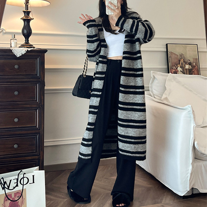 Striped Sweater Jacket In Autumn Winter Loose And Lazy Style Casual Mid To Long Knitted Cardigan For Women F1101#39