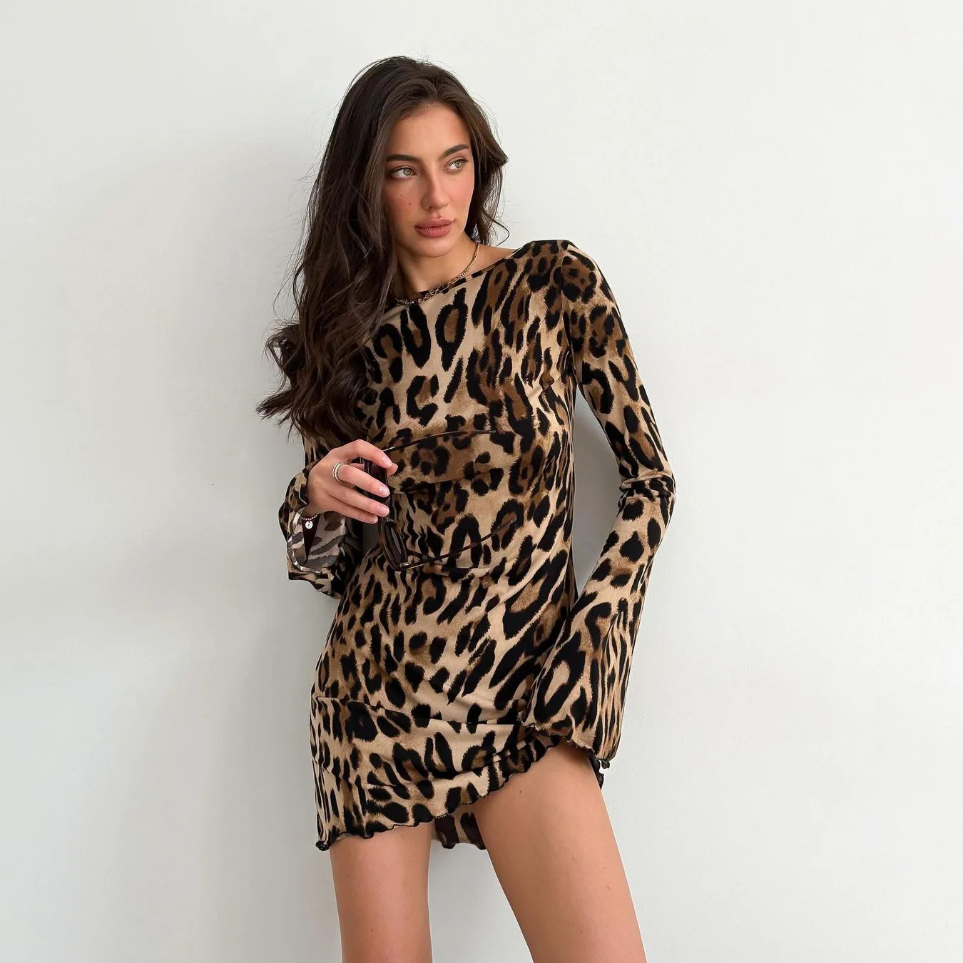 2024 Leopard Print Mesh Long Sleeve Sexy Slim See Through Maxi Dress Summer Women Fashion Outfits Beach Vacation Club 241031
