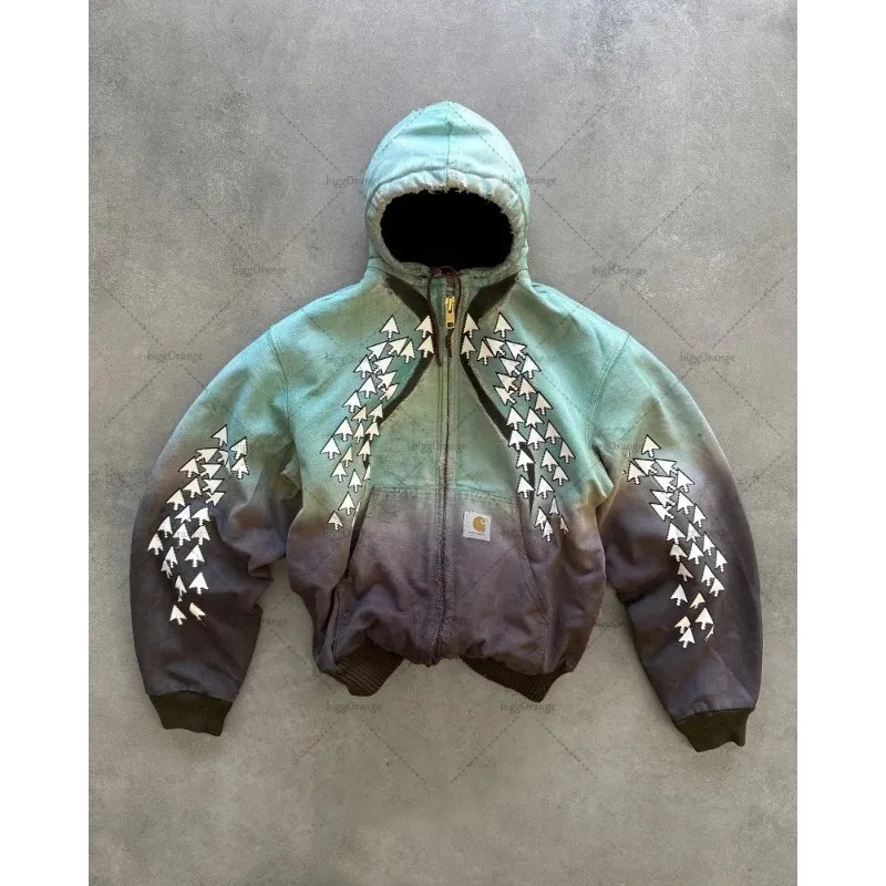 Harajuku stitching color geometric print graphic zipper cardigan hoodies for women y2k autumn and winter warm trendy sweatshirts 241031