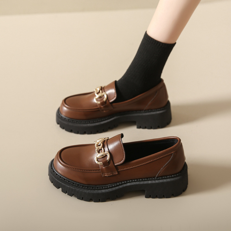 Women's Fashion Shoes:High Heel Chunky Heel Plus Size Loafers Shoes New Trendy Simple Design Versatile Leather Shoes,Brown/White,Free shipping