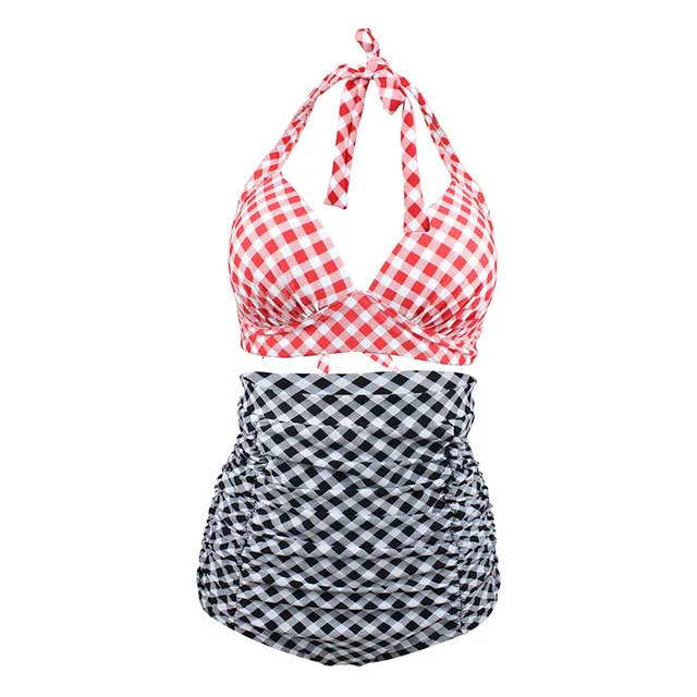 Plus Size Women Halter Top Bikini Set High Waist Push Up Swimsuit Plaid Vintage Sexy Beach Bathing Suit Swim Wear Retro XXL XXXL 240327