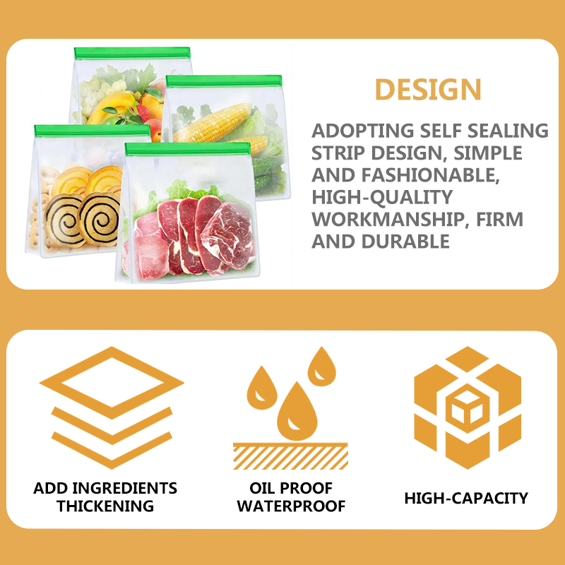 Cross border platform temu specializes in flat PEVA food packaging and storage, with self sealing bags and zippered food preservation bags for storage