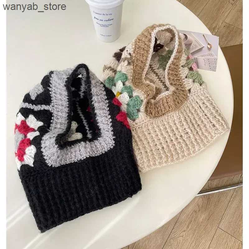 Wide Brim Bucket Handmade Crochet Balaclava Hats for Women Autumn and Winter Wool Knitted Pullover Beanies Cap Neck Warmer Female Hooded Caps L240910 