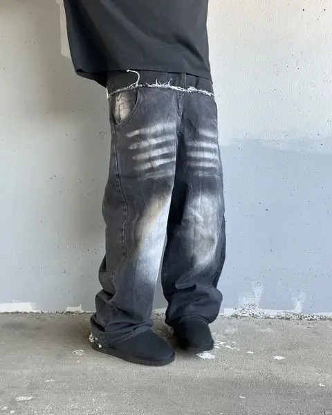 Goth Hip Hop Washed Tie Dye Baggy Jeans Retro Y2k Streetwear Layering West Black Jeans for Men Low Rise Denim Pants 241031
