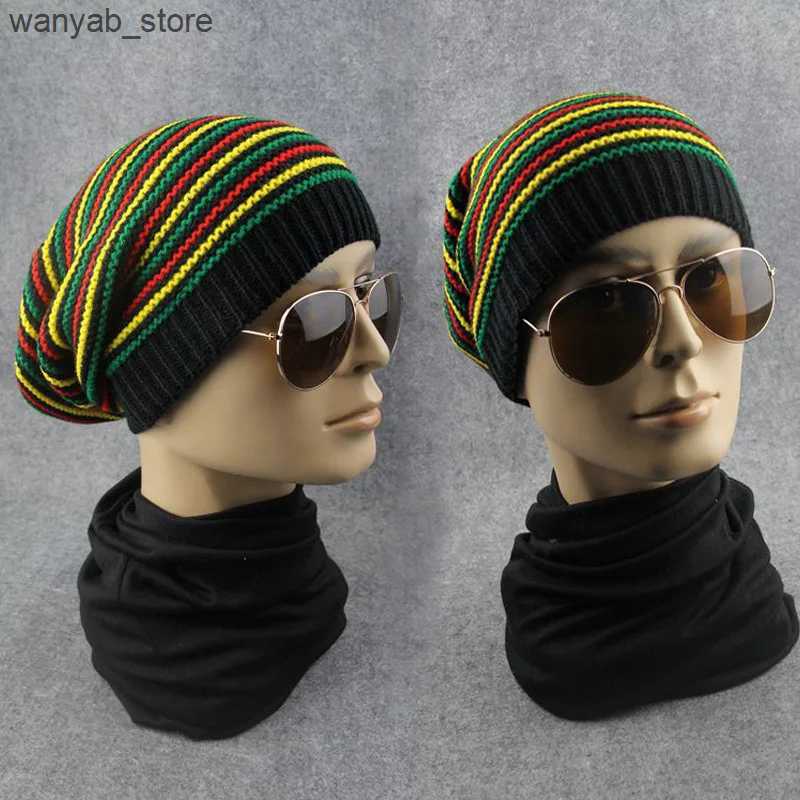 Wide Brim Hats Bucket Hats 2022 New Unisex Jamaica Slouch Beanie Winter Rainbow Striped Warm Knitted Hat Beret Cap Winter Reggae Baggy Cap Ladies Bonn