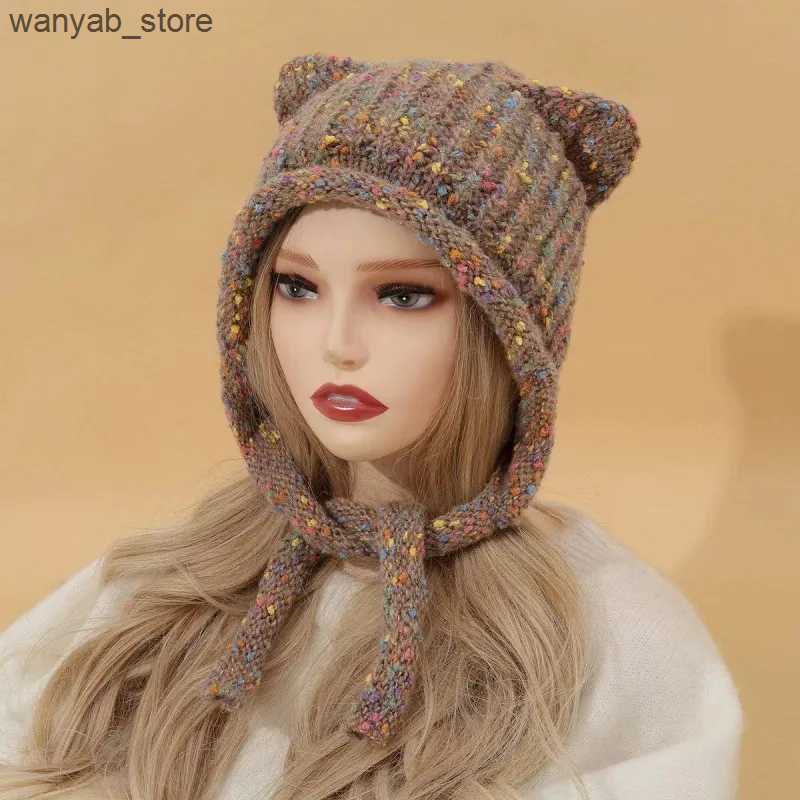Wide Brim Hats Bucket Hats Cute Knitted Cat Ear Hat Y2K Fashion Crochet Ear Protector Wool Cap Women Winter Warm Pullover Cap Girl Wrap Head Bonnet Be