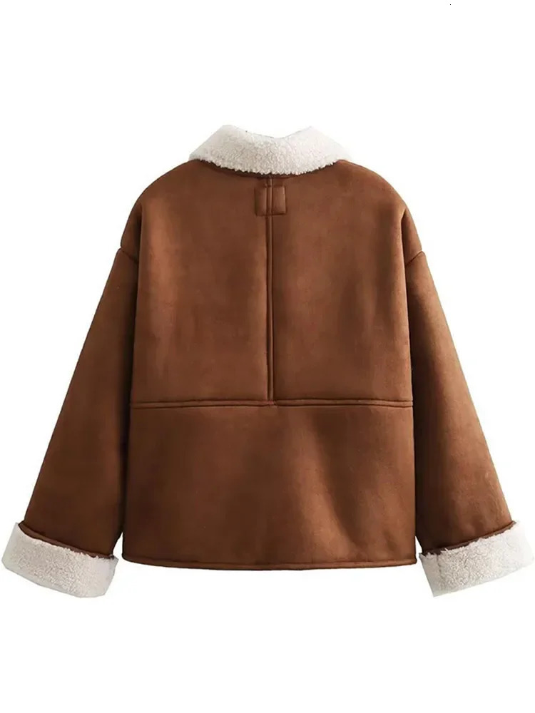 Womens caramel cashmere patch work suede coat retro single chest long sleeved pocket jacket winter thick warm womens coat 241031