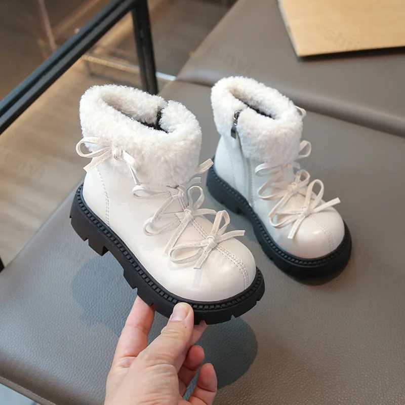 New winter boots suitable for girls design bow tie childrens flat fashion boots thick faux fur warm childrens cotton snow boots M241102