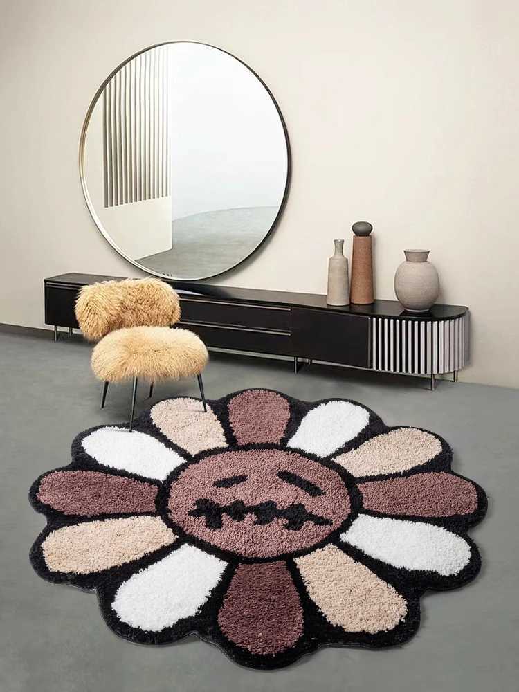 Smiling Face Tufted Rug Flower Art Rug for Bedroom Living Room Retro Rainbow Fluffy Bathroom Smile Rug Nonslip Mat Home DecorXJ241101