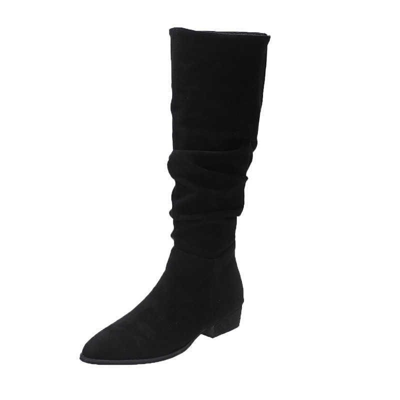 CMM Pile Up Boots for Womens Fashion Suede Thick Heel Pointed Toe Autumn New Versatile Pleated High Top Boots