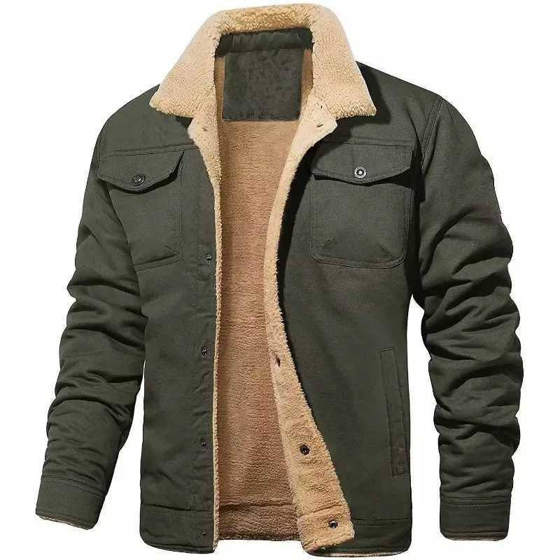 New Winter Mens Bomber Jacket High Quality Plush Thick Wool Cargo Jacket Collar Button Thick Warm Jacket Mens Jacket 5XL W241102