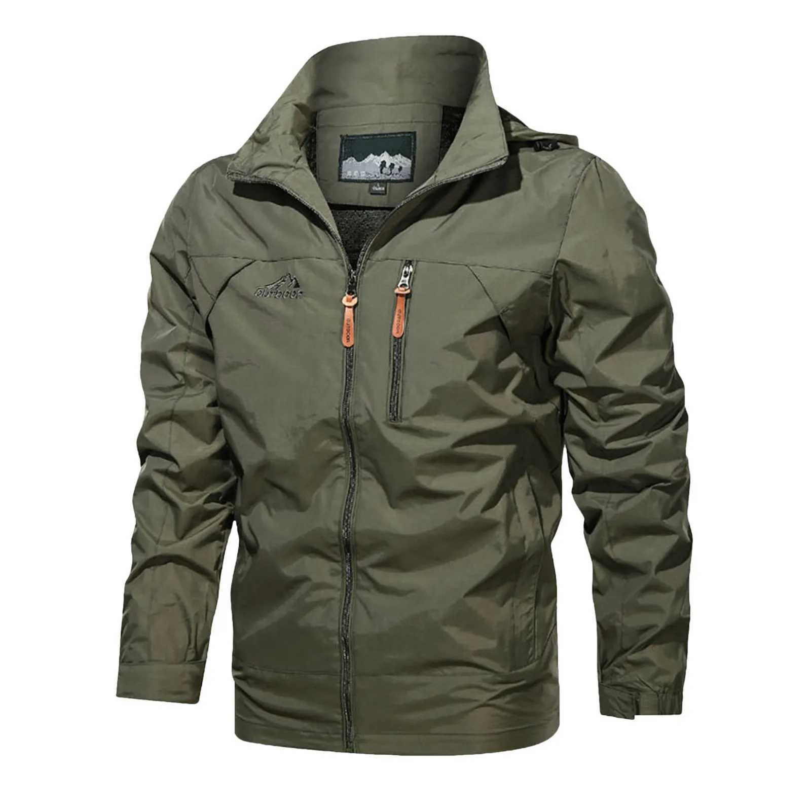 Outdoor mens trench coat hiking windproof waterproof jacket casual solid color lapel LTI pocket cargo jacket W241102
