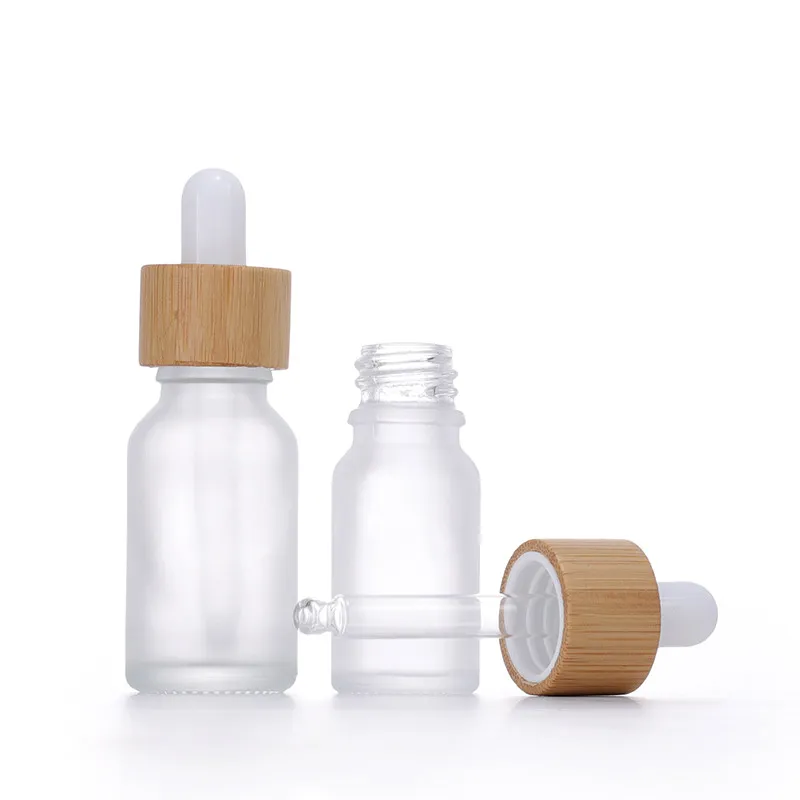 wholesale Frosted White Glass Dropper Bottle 10ml 15ml 20ml 30ml 50ml With Bamboo Cap 1oz Wooden Essential Oil Bottles LL