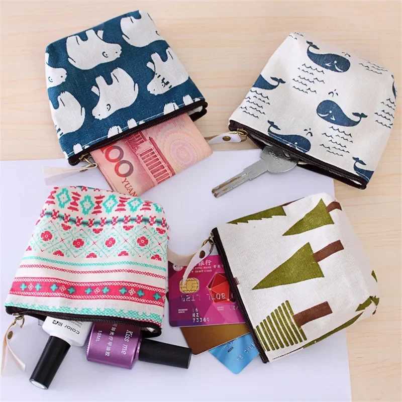 2024 New Women Kids Canvas Coin Purse Floral Plaid Zipper Pouch Small Wallet Children Female Key Card Holder Mini Mey Bag GiftXJ241111