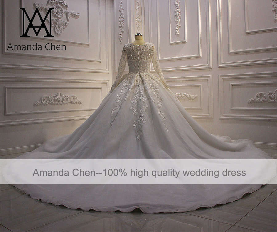 bruidsjurken Full Sleeve Lace Applique Wedding Dress for Muslim Bride