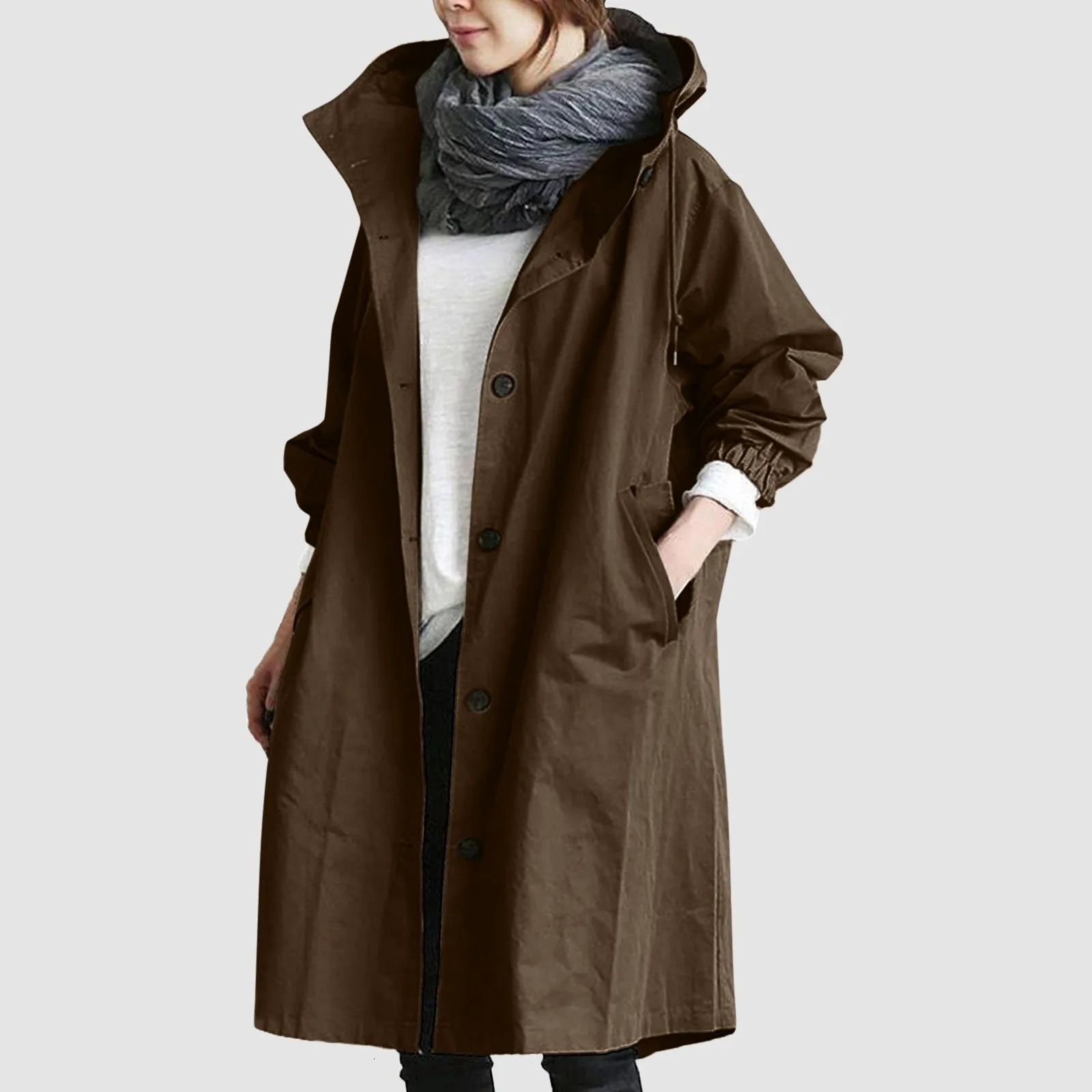 Fashionable womens long trench coat womens solid color elegant windproof coat loose and comfortable hooded warm womens raincoat 241031