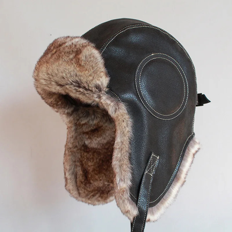 Winter Ushanka hat mens pilot bomber trap hat artificial fur leather snow hat with ear flaps 241031