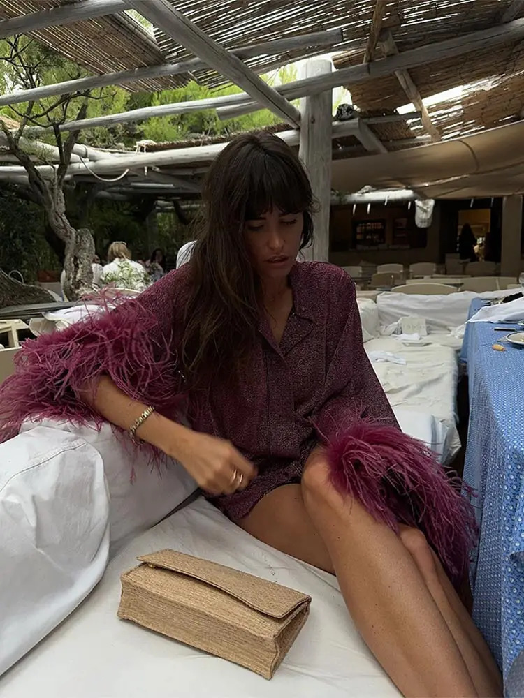 Solid Shinny Feather Decal Womens Shirt Fashion Stand up Collar Single Chest Top Fashion Womens Holiday Beach Top 241031
