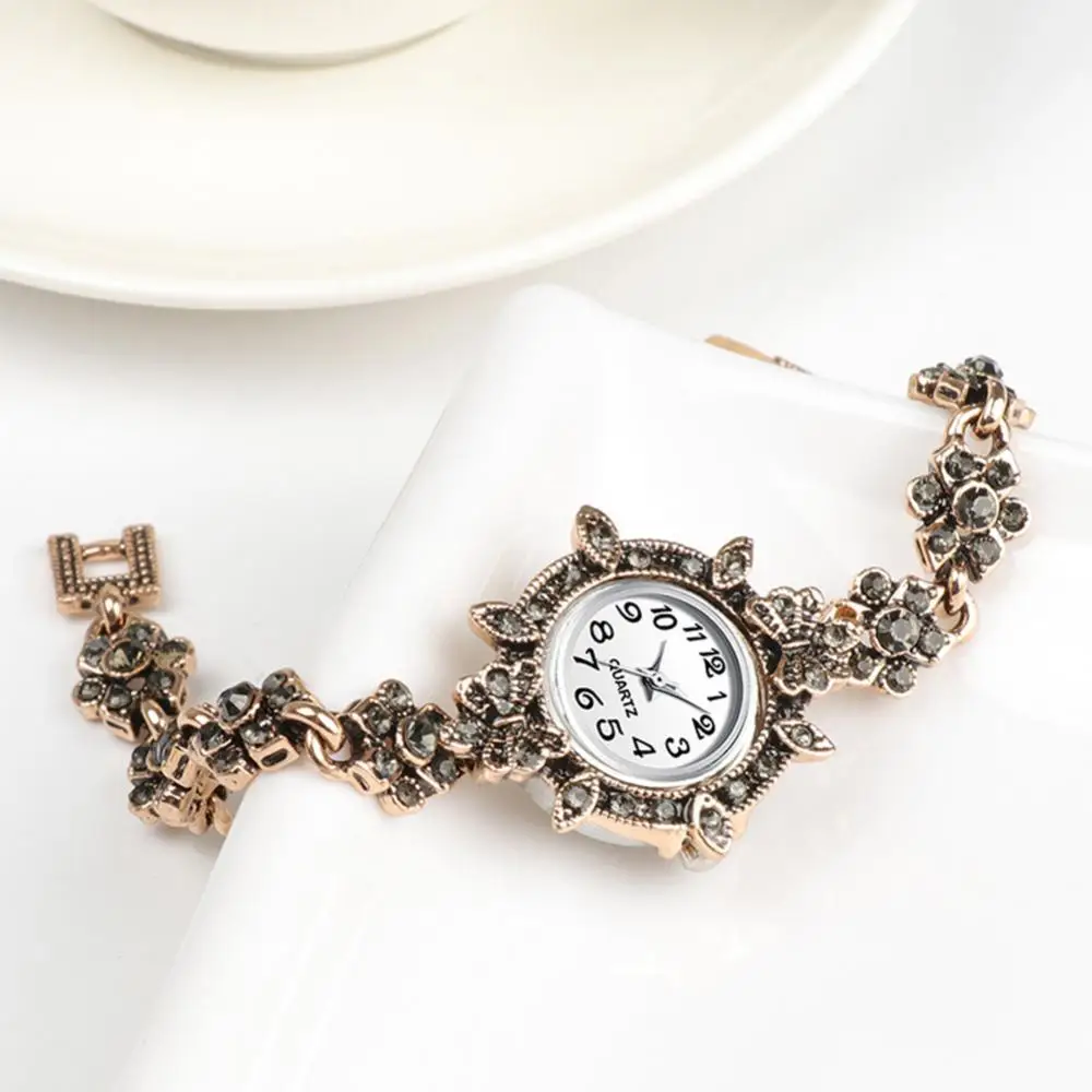 Vintage Women new Rhinestone Flower Charm Round Dial Analog Quartz 2025 Bracelet Watch