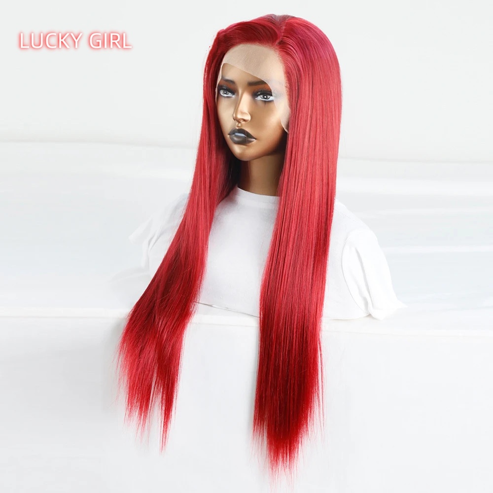 Bombshell Wine red 13*4 Synthetic Hair Front Lace Wig Glueless Heat Resistant Fiber Hair Natural Hairline Free Parting Women Korean high temperature f