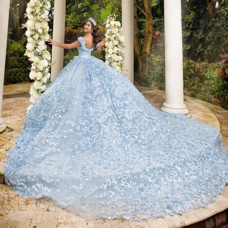 Sky Blue Shiny Quinceanera Dresses Ball Gown Off The Shoulder 3D Flower Lace Applique Beaded Crystal Tull Corset Sweet 16 Vestidos De 15 Anos