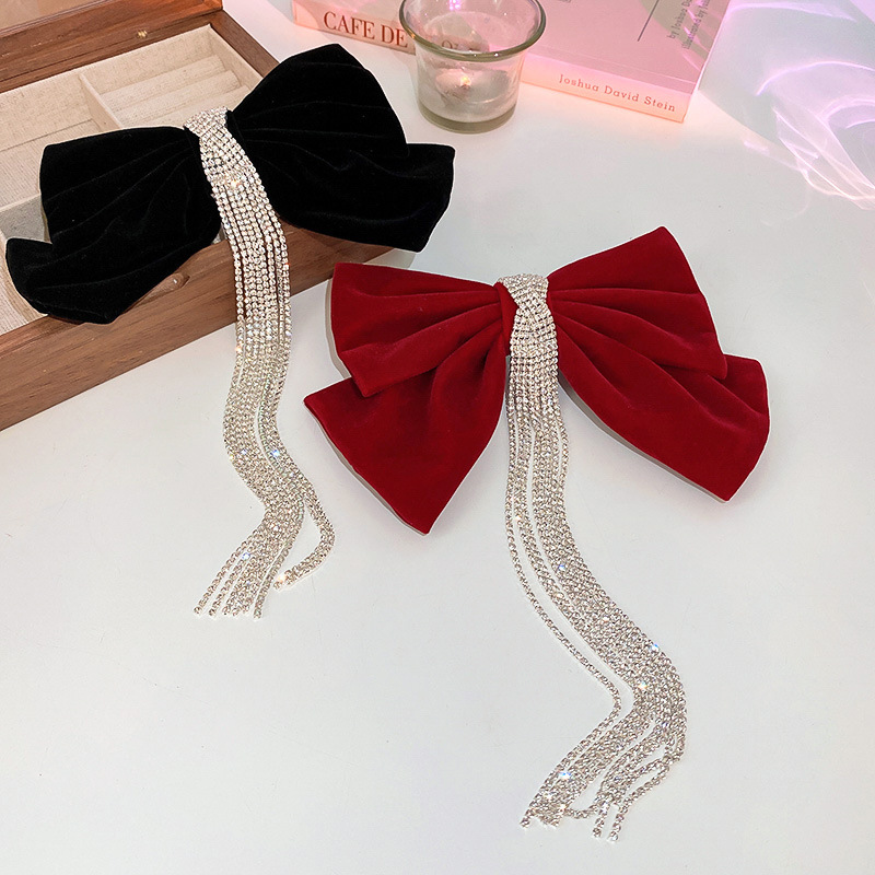 Korean Velvet Bow Hair Pins Fabric Rhinestone Tassel Hair Clips for Women Luxulry Jewelry Spring Clip Girls Hair Accessories