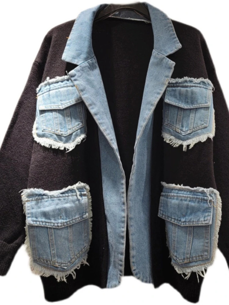 Womens denim patchwork suit jacket knitted cardigan pocket contrasting color jeans jacket long sleeved autumn sweater top 241031